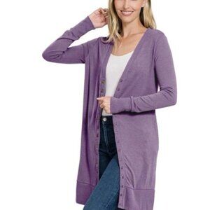 ZENANA Long Cardigan Pretty Purple snap front NWT